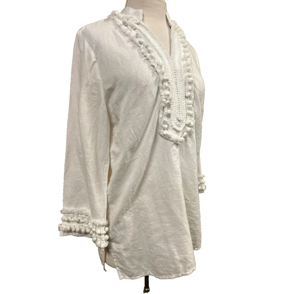 Chico's SZ 1 White Linen Tunic Top Pompom + Fringe Accented‎ V-Neck 3/4 Sleeves